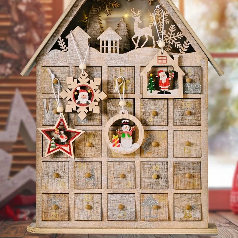 12 ชิ้นชุดเครื่องประดับต้นคริสต์มาสไม้ Santa Snowman Star House Snowflake แขวนจี้ Xmas Home Party ประตูของขวัญกล่อง