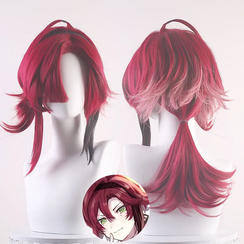 Ryujinnai Heizou 코스프레 가발 이나즈마 시티 다크 레드 그라데이션 하이라이트 업턴드 포니테일 스타일 원신 임팩트 헤이조 가발
