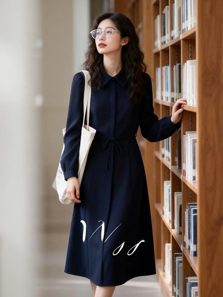 

Ele Vintage Collar Dr Women's plus Size Spring New Sle Belted Slimming Long Dr High Waist A-Line Polyester Fiber
