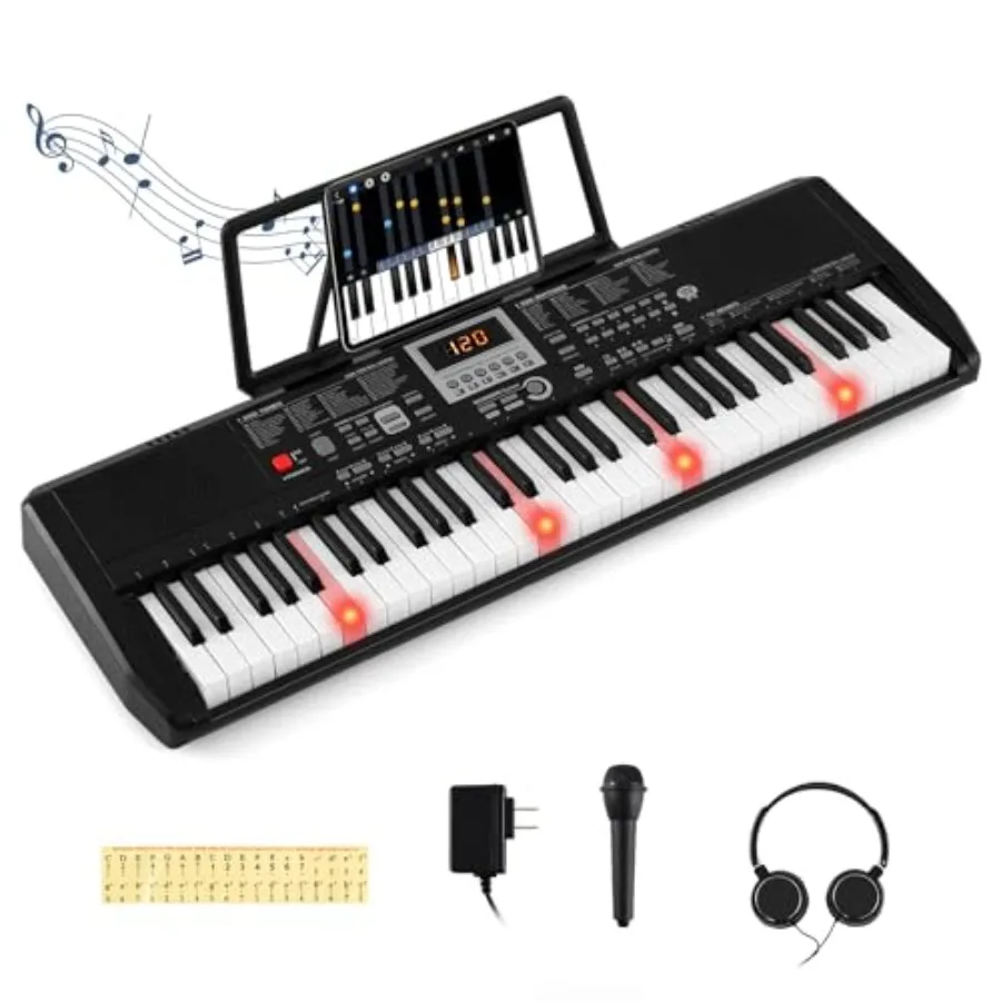 

61 Key Keyboard Piano Electric Digital Piano Keyboard with Light Up Keys Microphone Headphones Keynote Stickers and Carrying Ba