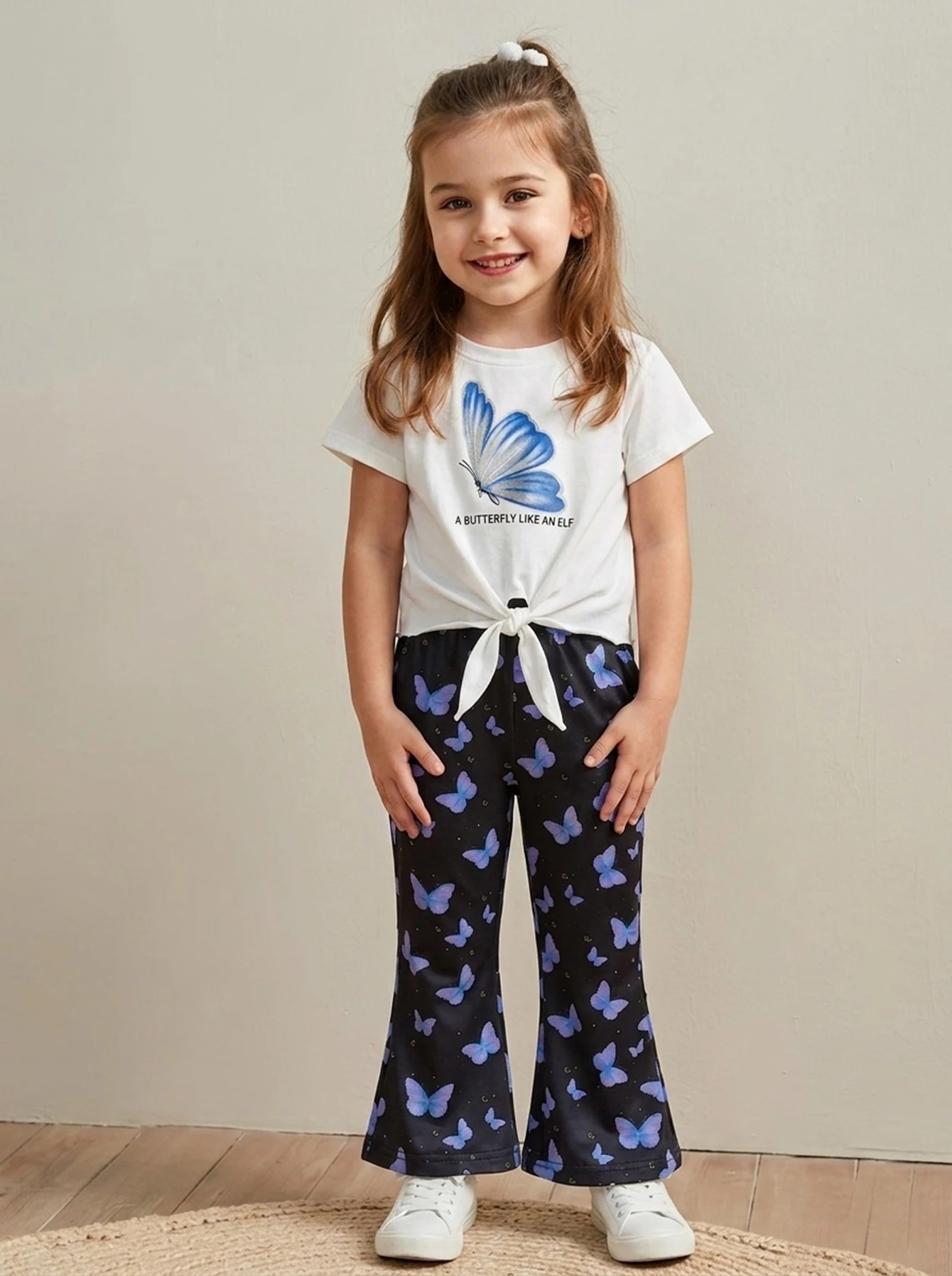Conjunto de ropa de verano para niñas, Top con nudo de manga corta con estampado de mariposa como un elfo y pantalones acampanados, conjuntos y atuendos de 2 piezas para niños