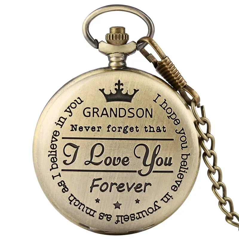 Creative To My Grandson I Love You Forever Analog Quartz Pocket Watch for Boy Kids Fob Clock Pendant Chain Roman Number Gift
