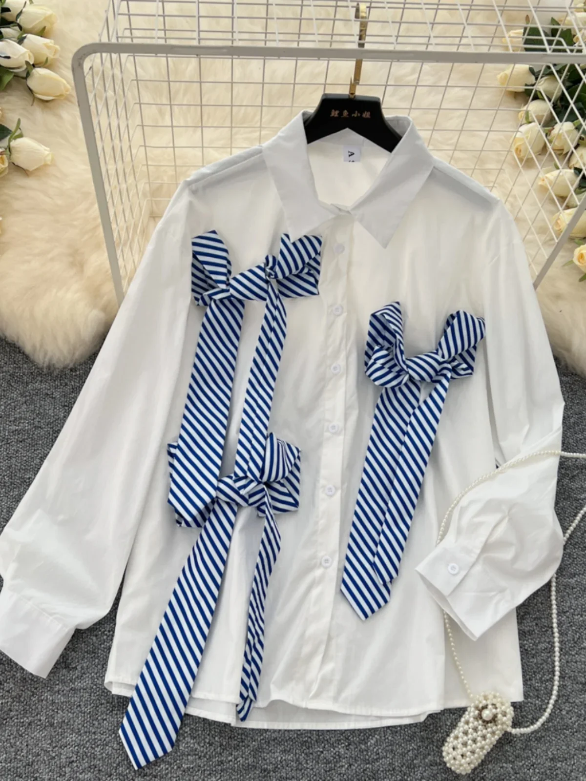 Gaganight Women Light Luxury Simple High end Striped Shirt 2024 Autumn New Loose Irregular Tie Unique Temperament Female Top