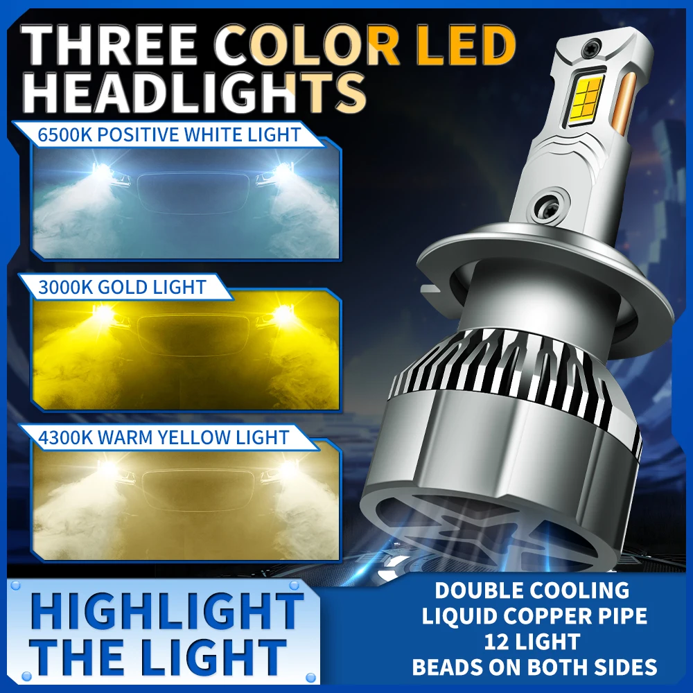 High Power 3-Color LED Car Headlight Bulbs Canbus Compatible HB3 HB4 9005 9006 H1 H7 H4 H11 9012 HIR2 CSP 3570 6500K 4300K 3000K