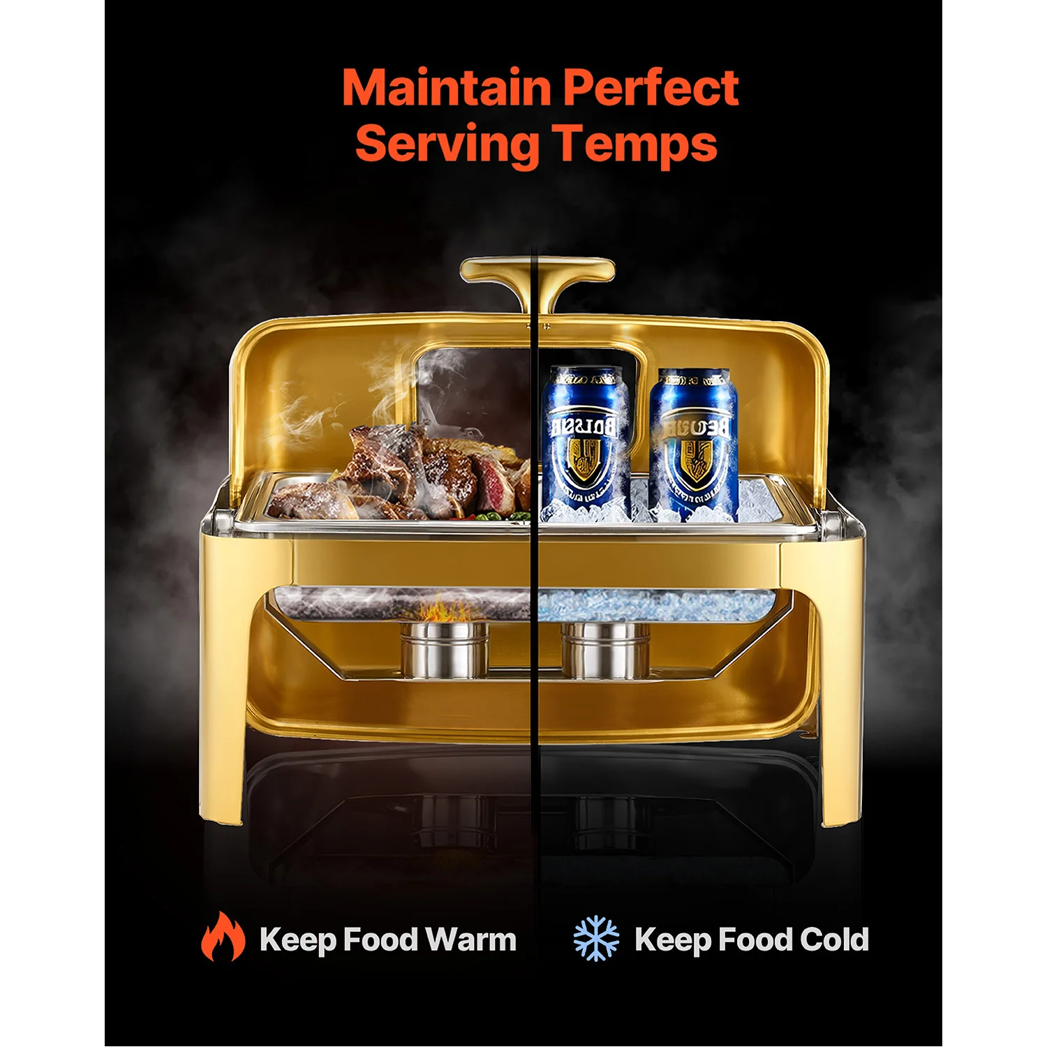 SucceBuy 9Qt Roll Top Sfregamento Piatto Buffet Chafer in acciaio inossidabile con padella a grandezza naturale Coperchio visibile Rettangolo Riscaldatore per catering