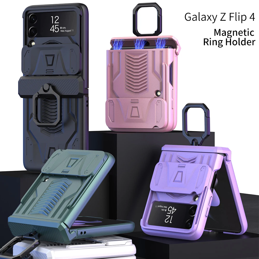 For Samsung Galaxy Z Flip 4 Phone Case Back Slide Camera Protection ring holder Hard Cover Galaxy Z Flip 3 Magnetic Hinge Case