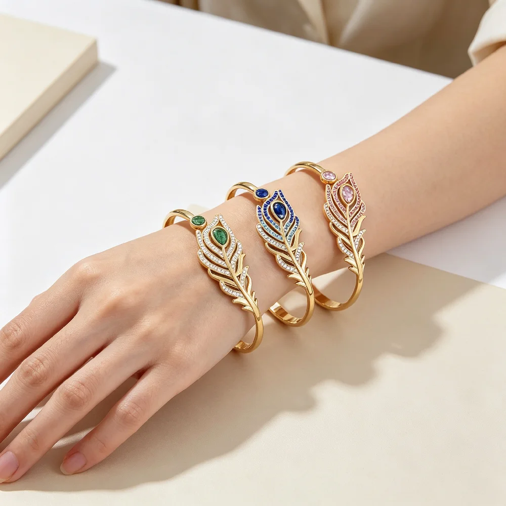 Greatera Woman Man Stainless Luxury Peacock Feather Bangles Three Color Zircon Bangle  Party Classic Waterproof Jewelry