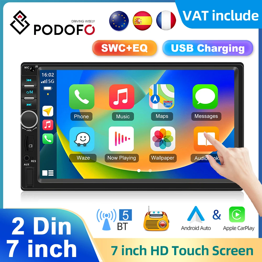 Podofo 7'' 2din Carplay MP5 Player Car Stereo Radio For Universal Wireless Carplay Android auto Bluetooth FM Mirror Link