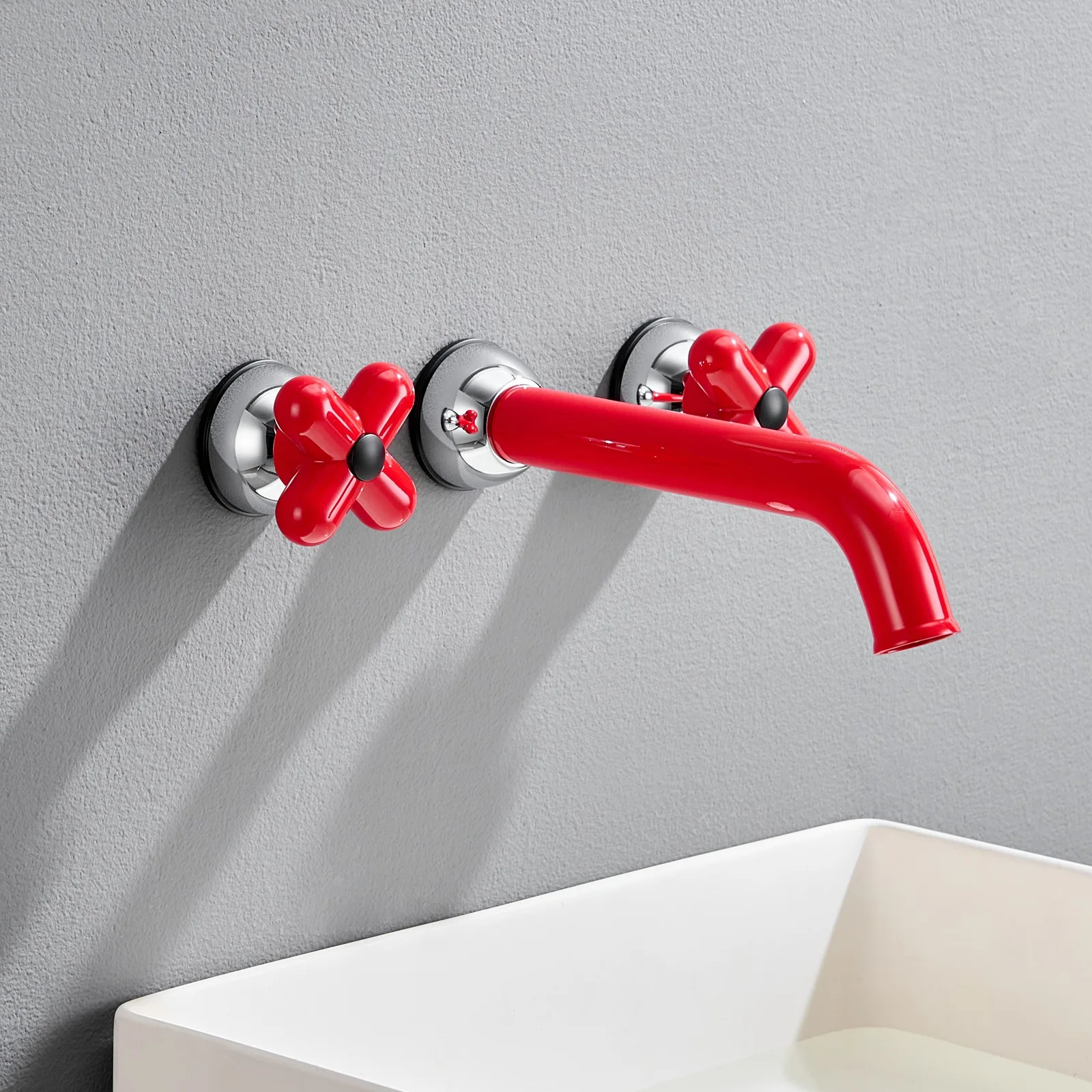 Red Brass Vintage Basin Faucet Wall Mounted Bathroom Sink Tap with Small Flower Design Handle