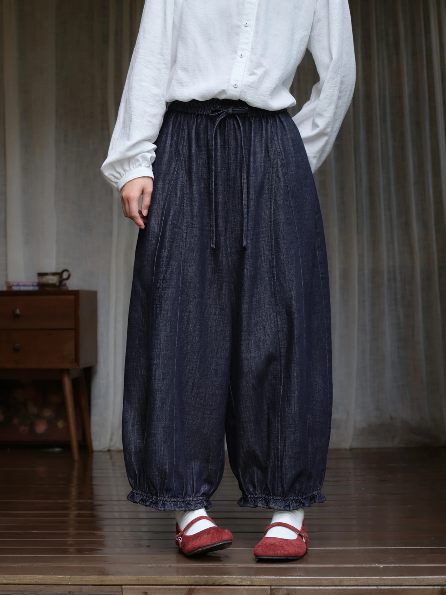Original Flower Bud Wide Leg Cotton Jeans Women's Elastic Waist Small Size Eighteen Pants Casual Loose Fit Comfortable Breath...