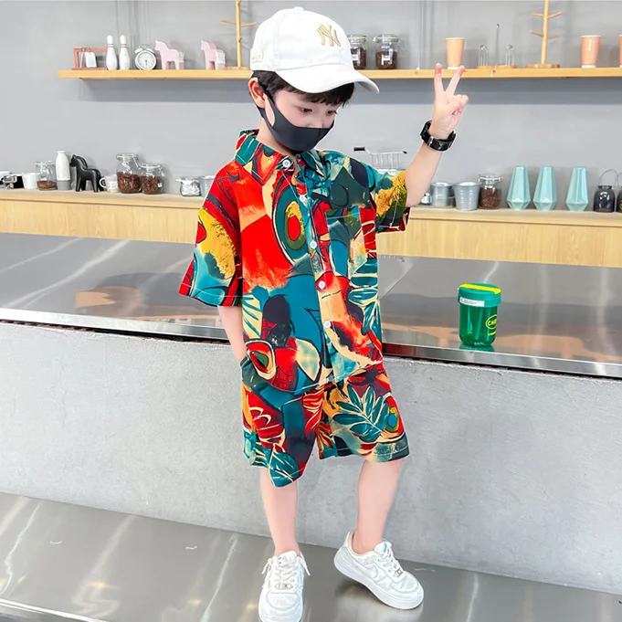 3-10 Years Boys Summer New Holiday Active All Over Print Shirts+Pants 2pcs Suits Kids Korean Style Streetwear Children Clothes