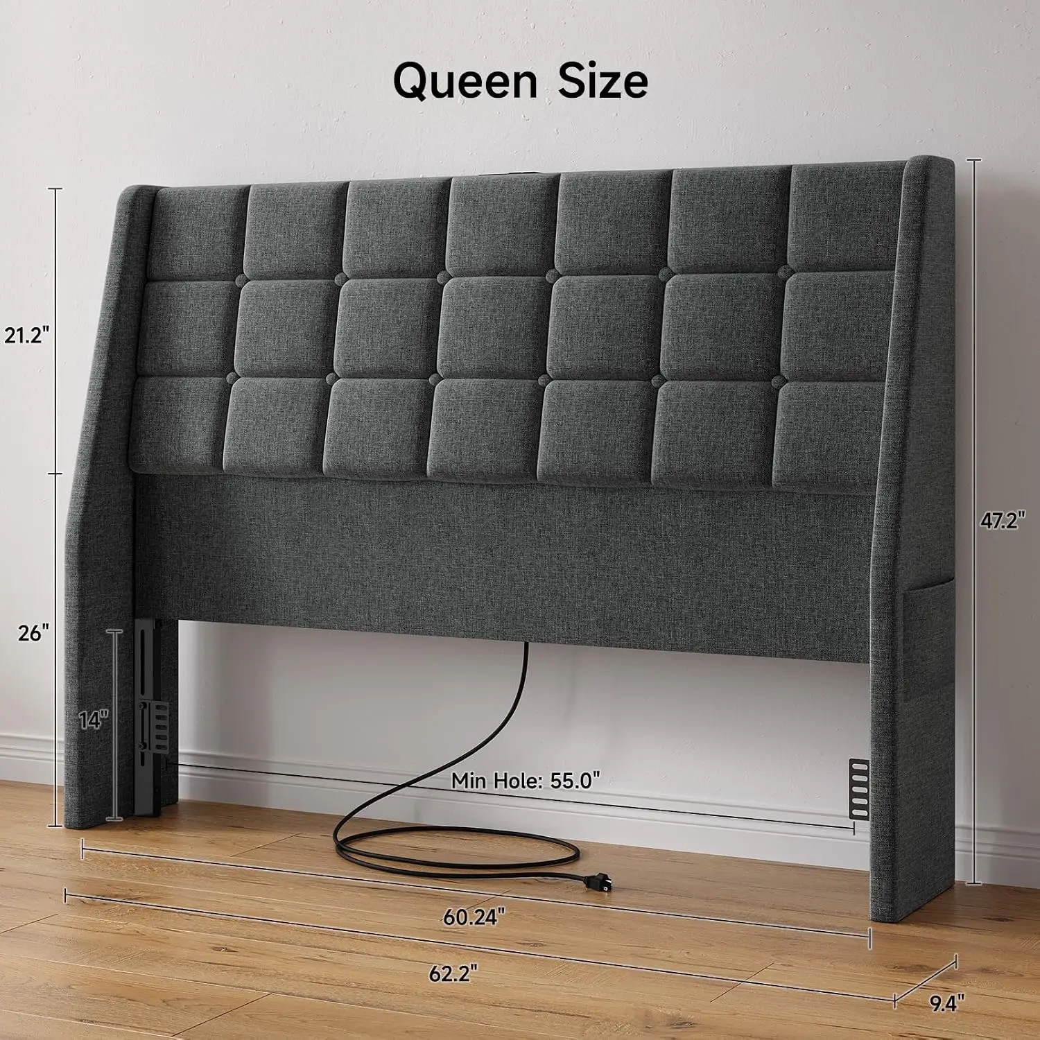 Queen Upholstered Headboard with Charging Station, Dark Grey Linen Wingback Headboard, 2 Storage Pockets, Bed Frame Adapters