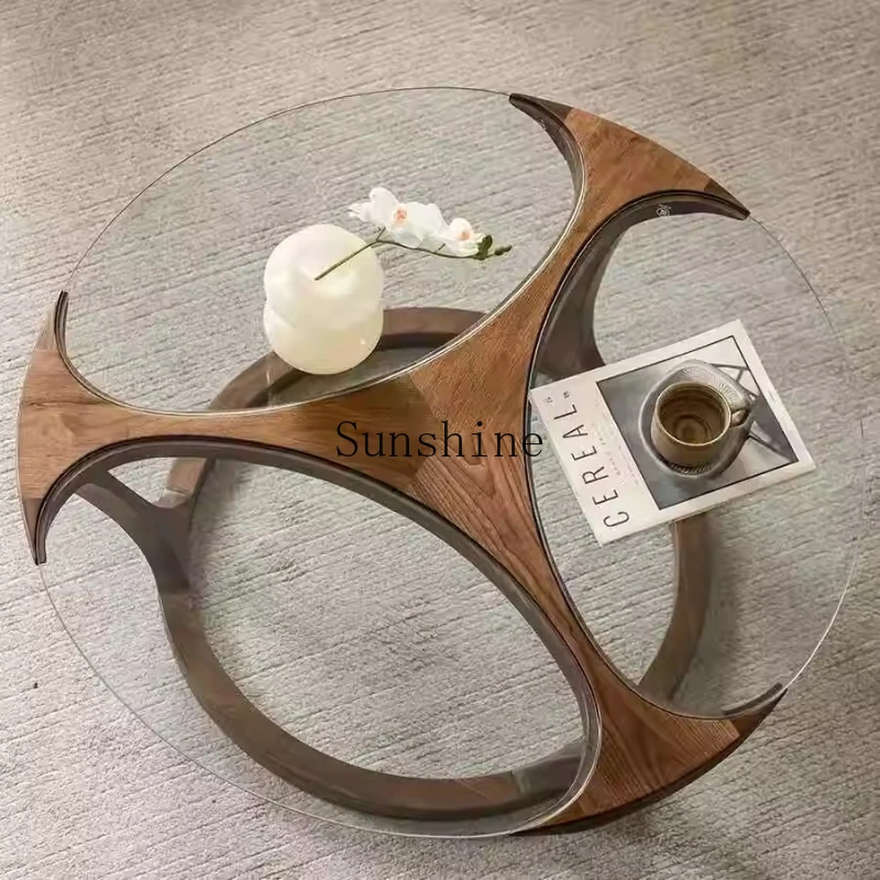 

North American black walnut glass special-shaped coffee table living room solid wood round tea table