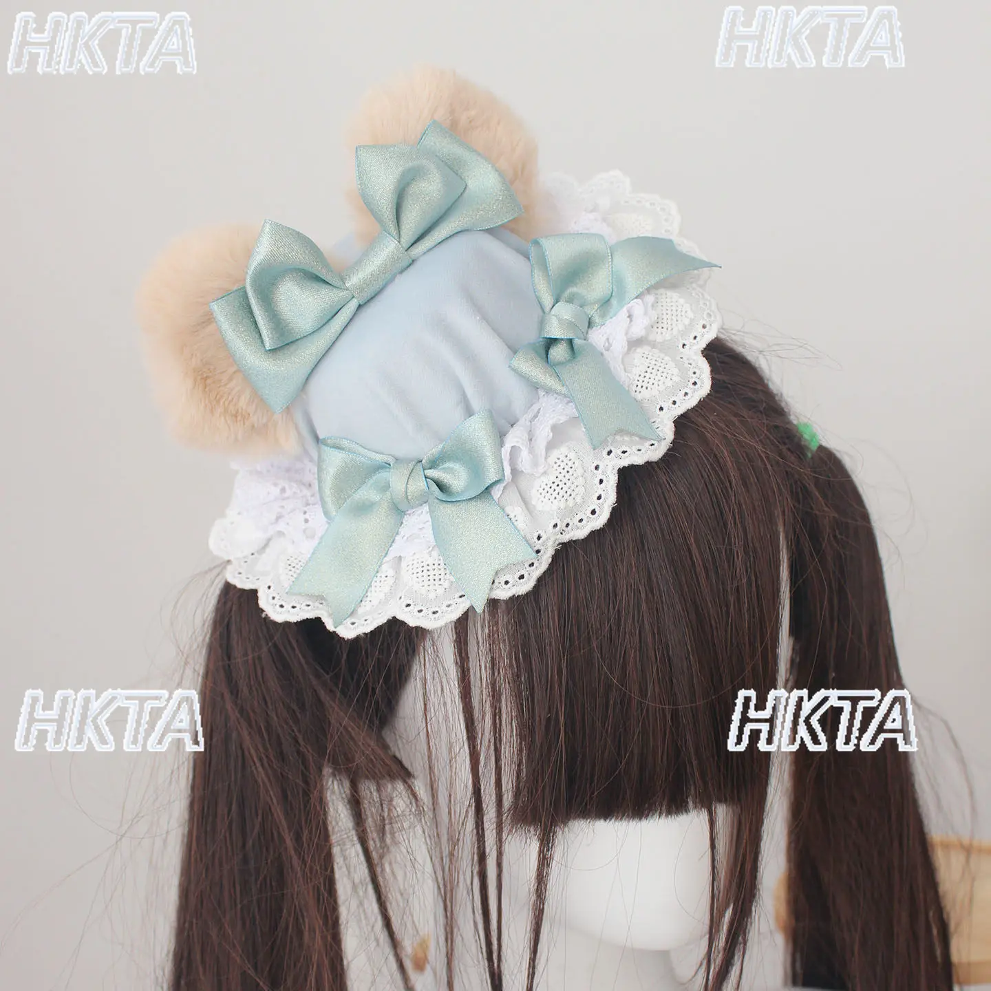 Chapeau bob original fait main, motif ours de dessin animé mignon, rose et vert, avec oreilles d'ours, petit chapeau Lolita pour filles, petit chapeau mignon, costume de cosplay