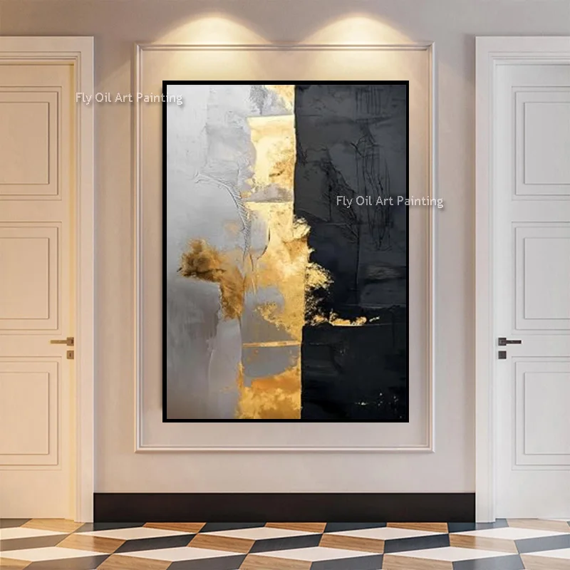 Simplism Design Black Gray Artwork For Home Wall Decor Popular Handpainted Set Of Two Gold Foil Abstract Oil Painting As Gift