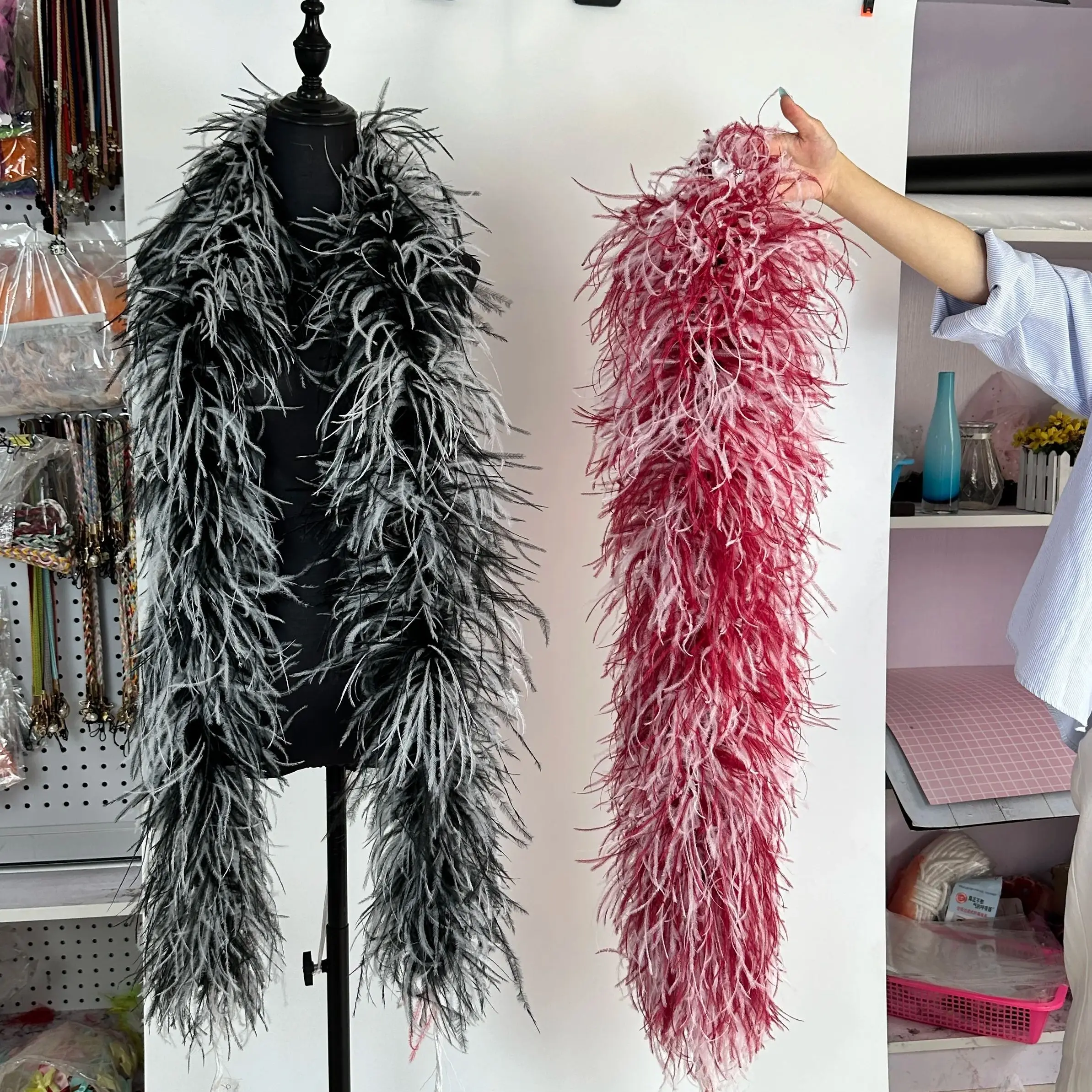 1&2Meter Ostrich Feather Boa Rainbow Feather Trim Scarf Plume Shawl For Wedding Dress Clothes  Scarf Decor Mixing Colored Plumas