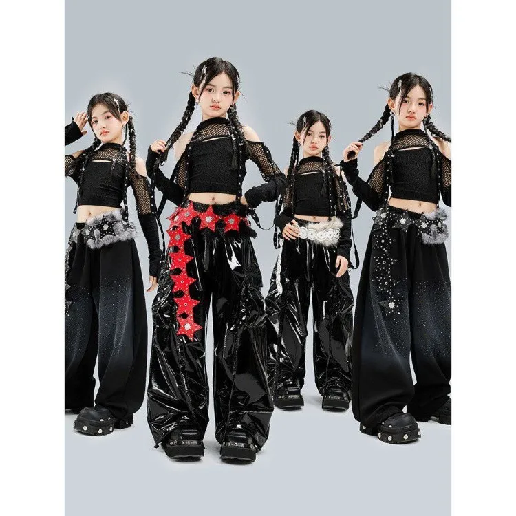 Girls Loose Mesh Crop Leather Dancewear Pants Hip Hop Jazz Dance Performance Costume Group Girls Hip Hop Clothing