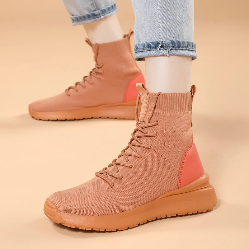 YISHEN Women\'s Boots Socks Shoes Lace Up Casual Shoes For Girl Breathable Cozy Elastic Platform Ankle Boots Winter Femmes Bottes