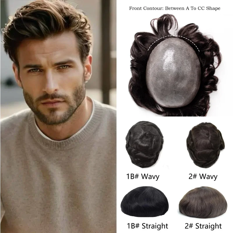 

Men Toupee 100% Human Hair Full PU Skin Base 0.12mm Ultra Thin Custom Base 0.1mm 0.08mm Hair System Replacement