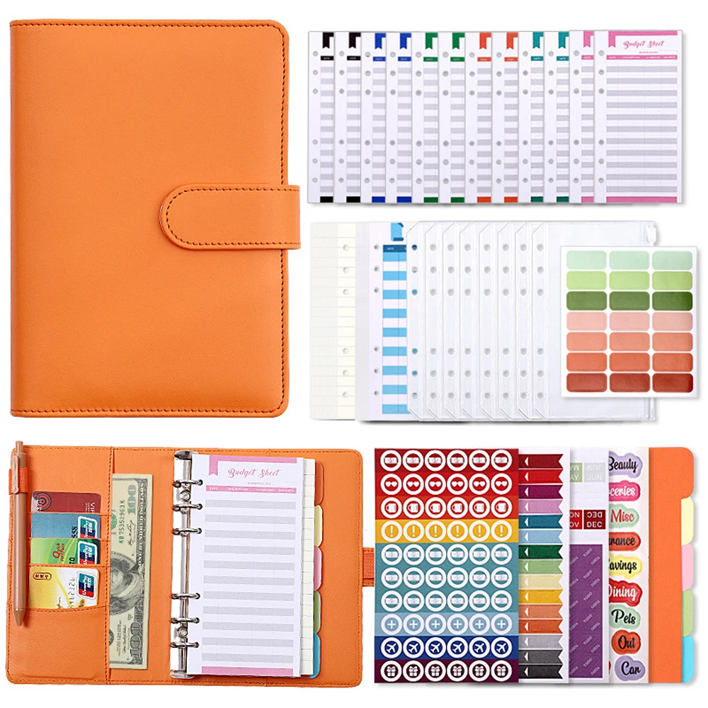 Budget Binder with Cash Envelope - 25 Cash Envelope Categories Stickers, 12 Budget Tracker Sheet, 12 Money Pouch & A6 Loose Leaf