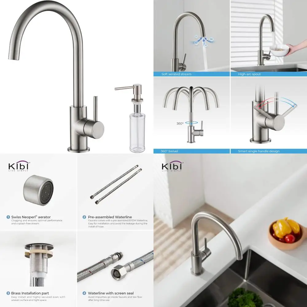 

Single Handle Kitchen Faucet with 360 Swivel Spout - High Arc, Brushed Nickel Finish, Single Hole Installation, Contemporary Des
