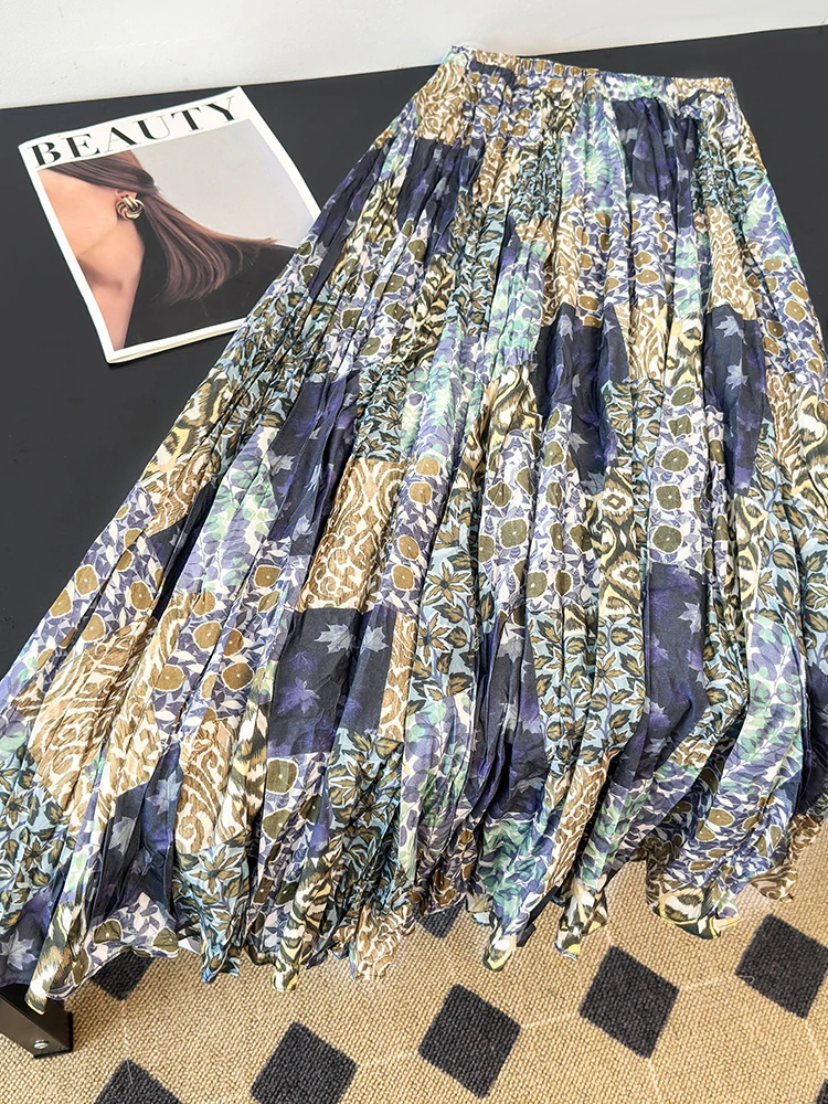 Bohemian Print Pleated Splice  Skirt Women's Summer Loose Fit Slimming Elastic Waist Long Skirt Casual High Waist A-Line ...