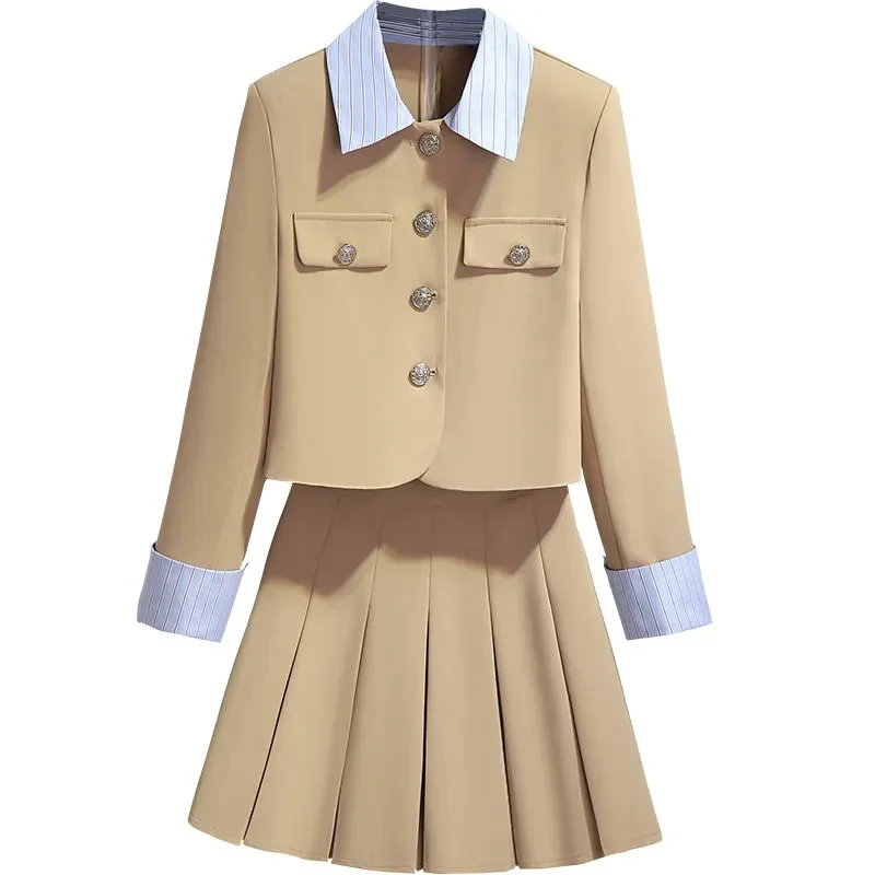 Spring Autumn Skirt Suits Women 2024 New Jacket Skirts Two-Piece Suit Fashion Single-Breasted Coat Pleated Skirt Sets Female