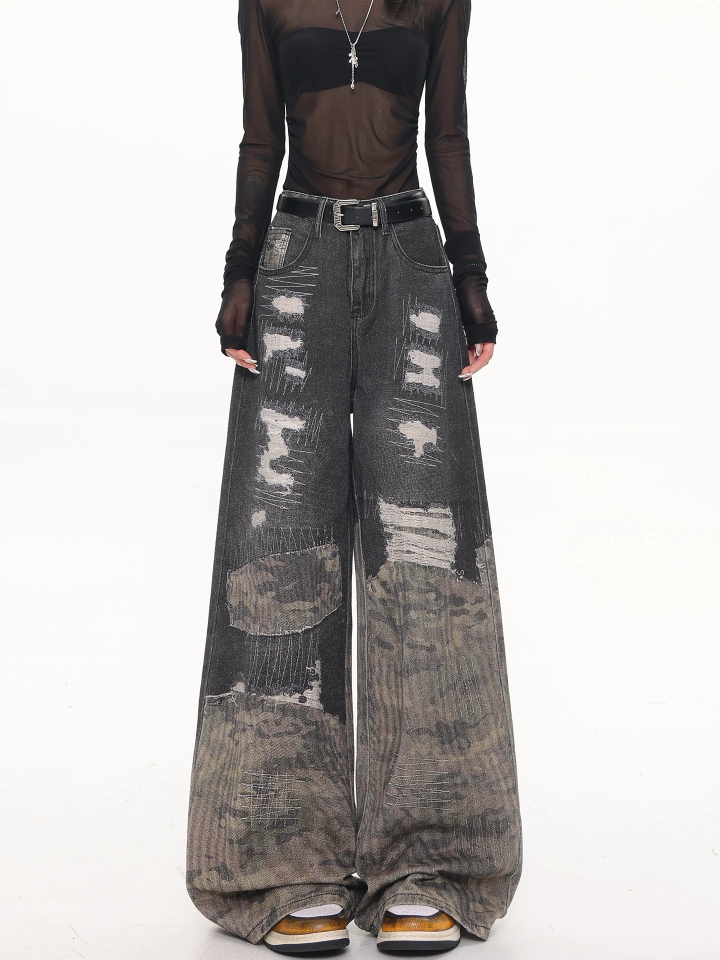 Women Black Gothic Baggy Y2k Emo Patchwork Jeans Vintage Ripped Jean Pants Japanese 2000s Harajuku Oversize Denim Trouser Autumn