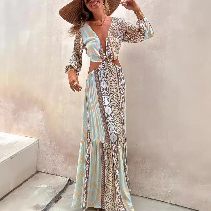 Abito stampato sexy con scollo a V profondo Moda donna Boho Hollow Backless Lace Up Abiti lunghi Abiti casual a maniche lunghe stile vacanza