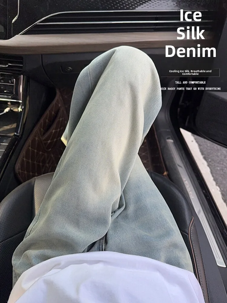 

Ice Silk Straight Leg Thin Men's Jeans Summer Waed Distred Denim mid Waist Long Pants Cool Sensation American Hig...