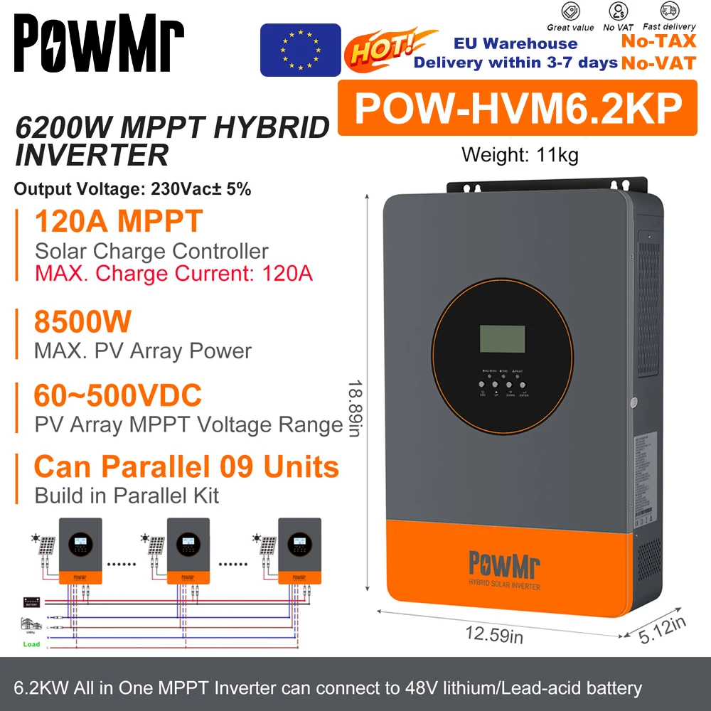 PowMr EU 11KW Hybrid-Solarwechselrichter 48V zu 220V Reine Sinuswelle MPPT 150A Solarregler Dualer PV-Eingang für Panel 500 Mit WIFI