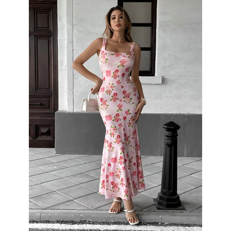 

Women's Sweet and Pure Style Dress Summer New Floral Design Pink Long Dress