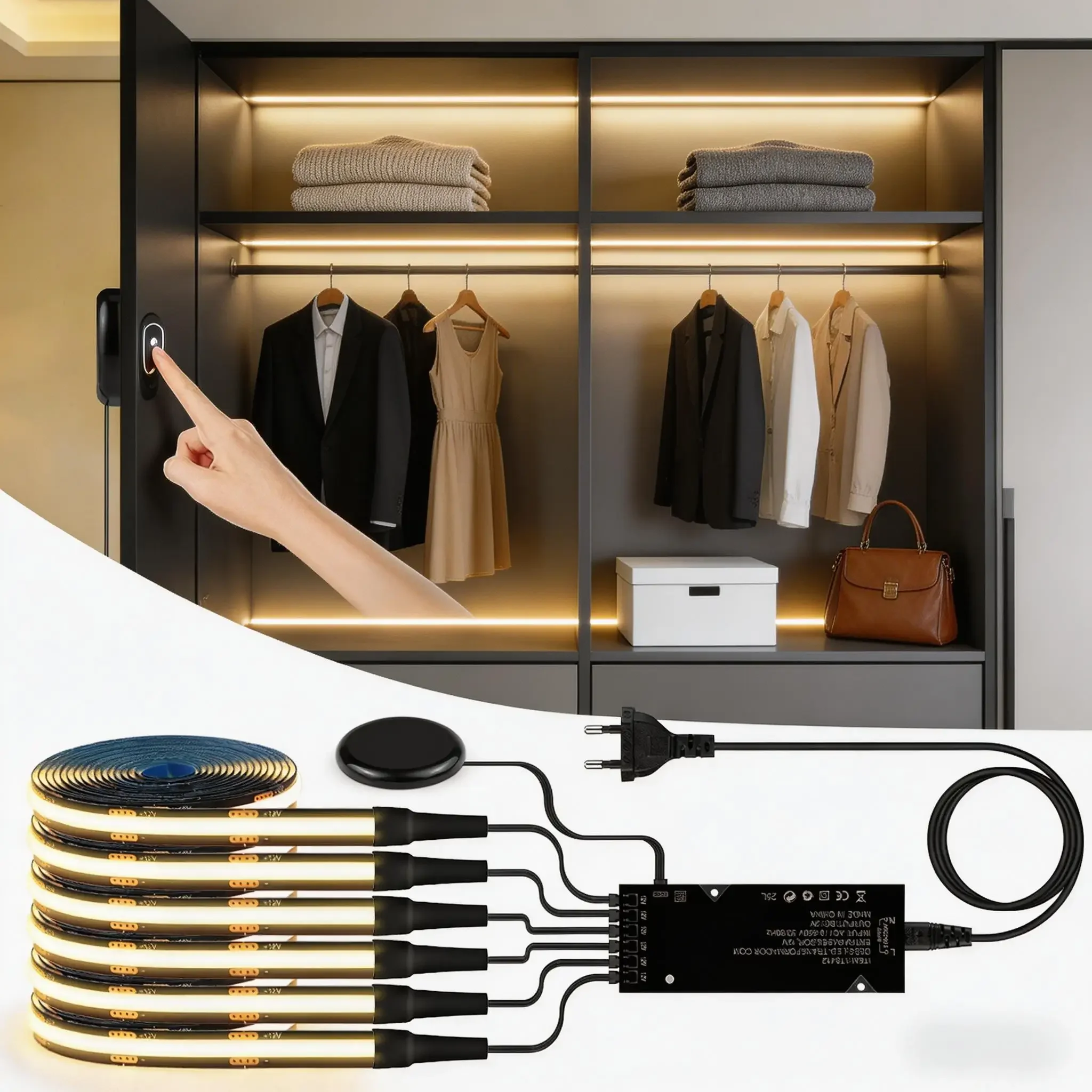 1-10 Channel COB LED Strip Kit - Black PCB, With No-Drill Dimmable Penetrating Board Touch Sensor Switch for Cabinet Background