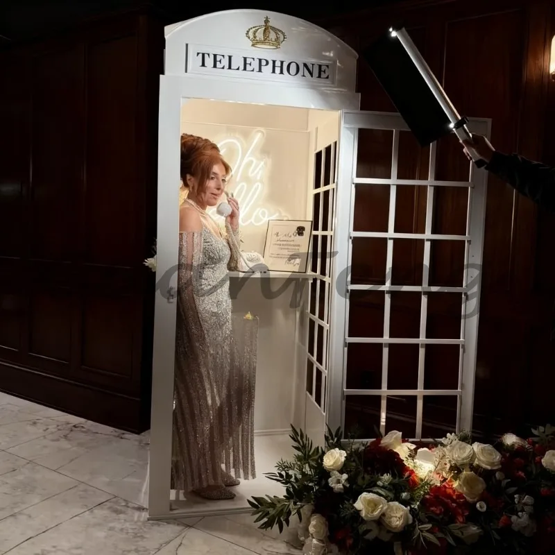 Antique Style London Phone Booth Decoration, White Metal Vintage British Booth for Wedding & Party Events