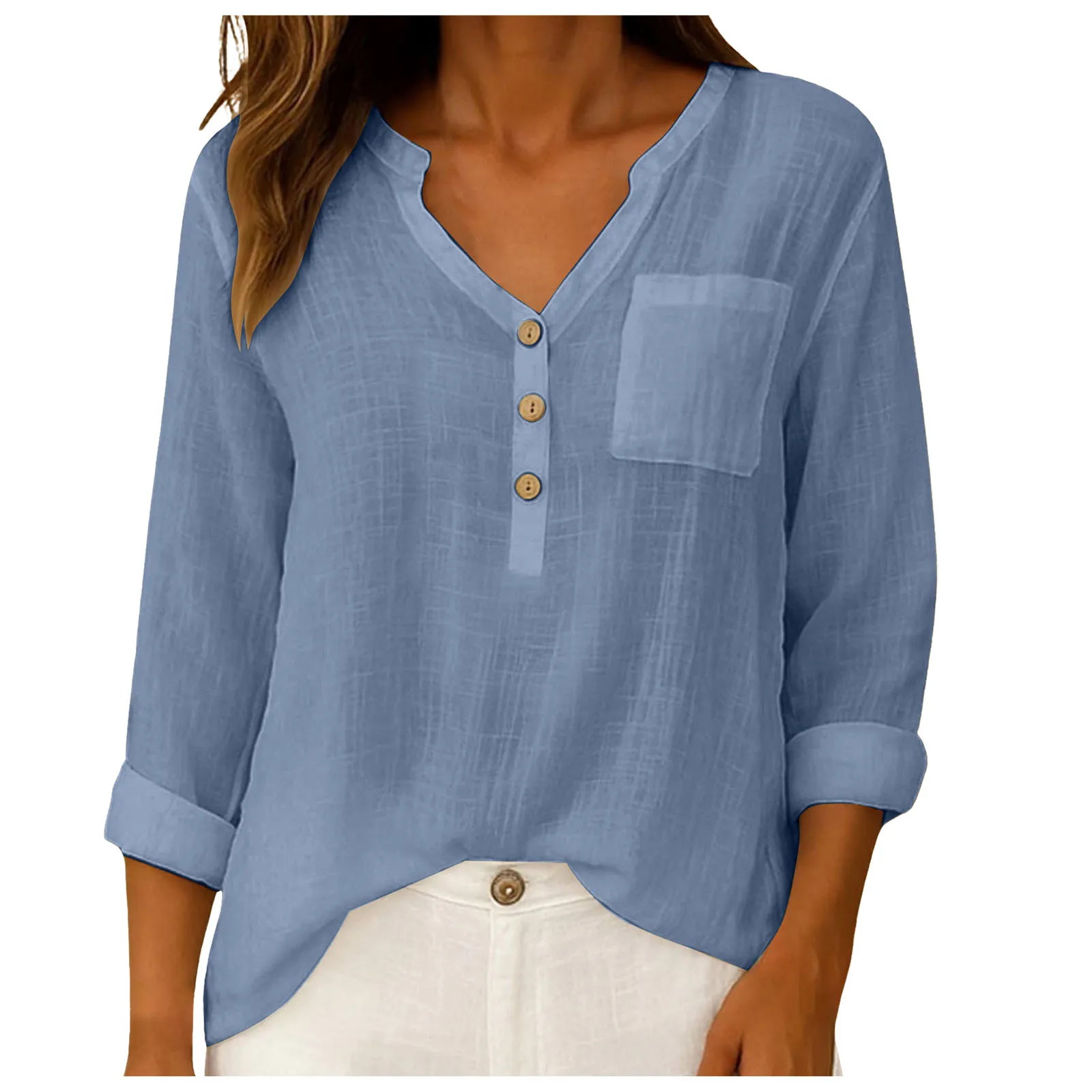 Summer Cotton Linen Shirt Women's Blouse V-Neck Button Long Sleeves Tunic Tops Casual Blouses Solid Loose Shirts Blusas 2026