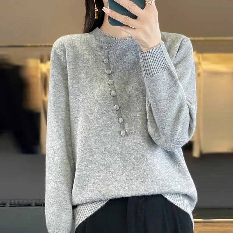 Sweaters Round Neck Loose Buttons Pullover Women Keep Warm Long Sleeves Solid Color Autumn Winter Cashmere Commuting Style Top