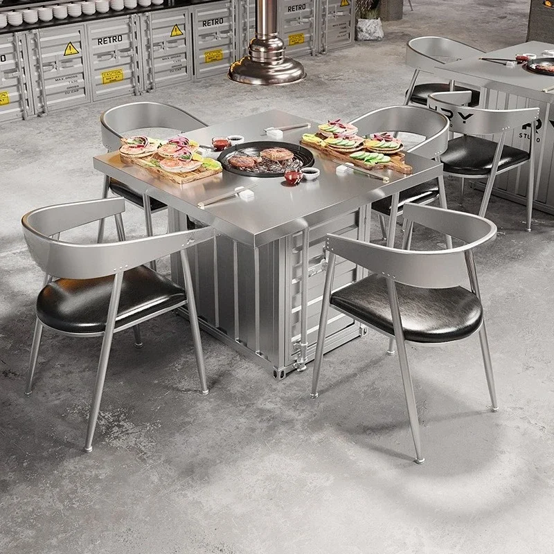Silver milk tea shop table and chair combination Industrial style dining table and chair retro coffee shop bar table and chair