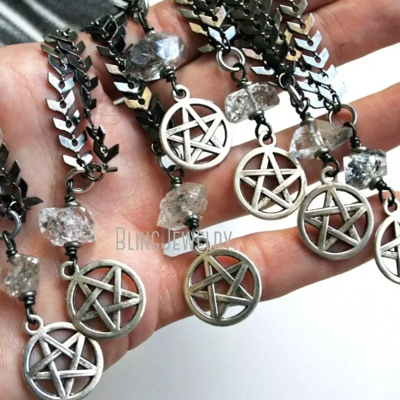 

10pcs Pentagram Herkimer Quartz Fishbone Choker Wicca Witch Pagan Occult Crystal Statement Layer Necklace Halloween Jewelry