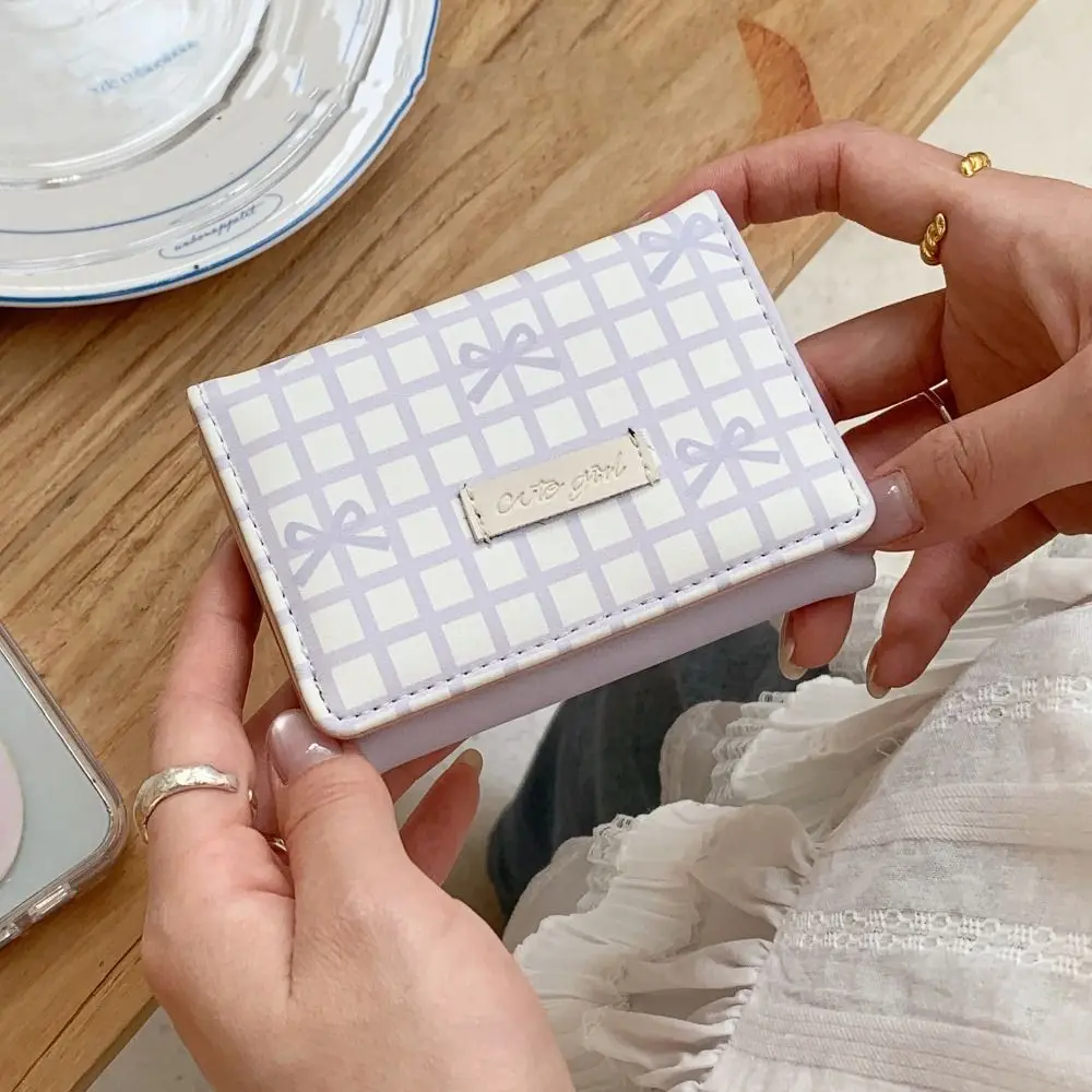 

Pouch Sweet Cute Tri-Fold Purses Lattice PU Leather Women Card Holder Candy Color Multiple Card Slot Coin Purse Student