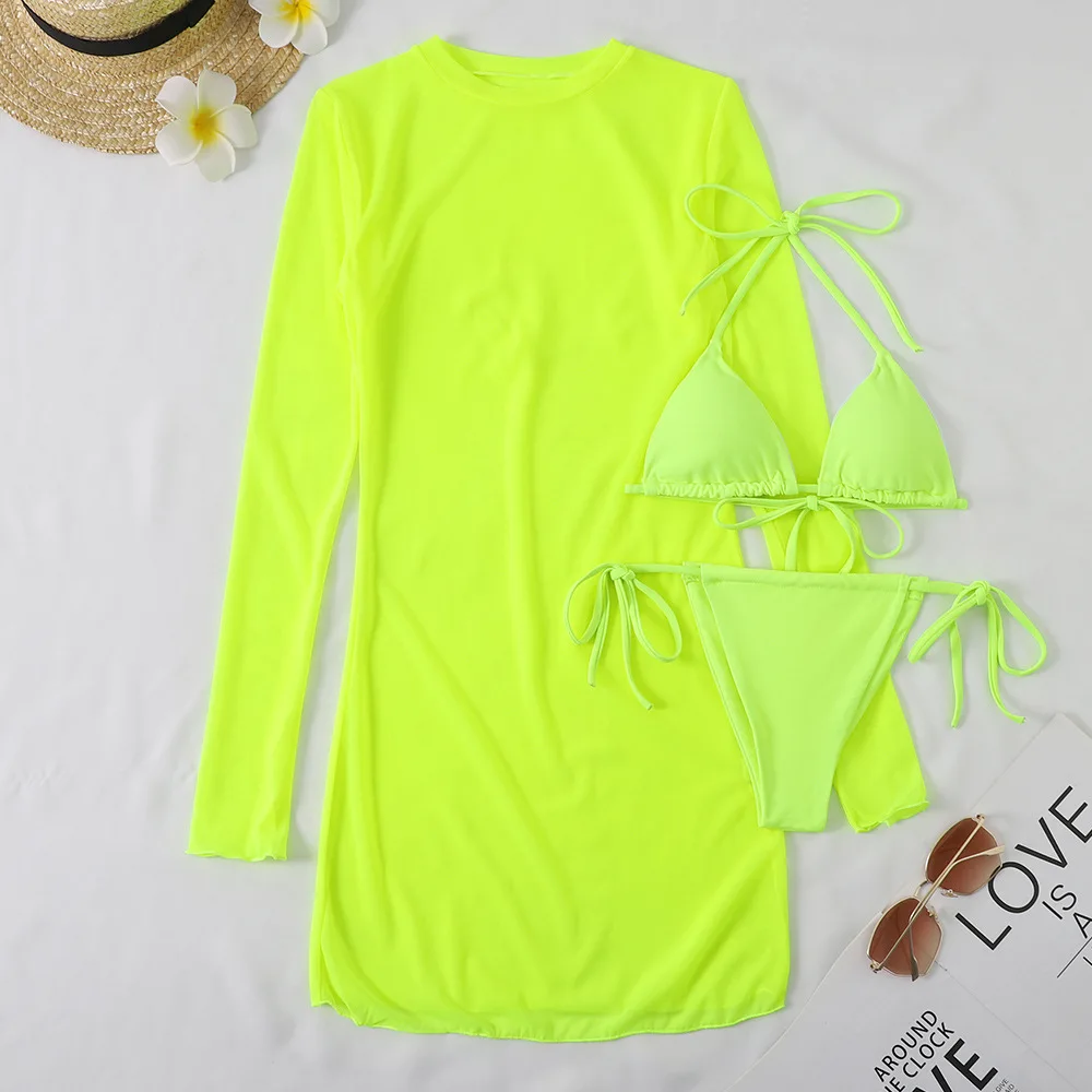 2024 3pack Micro Bikini Swimsuit With Long Sleeve Cover Ups Swimwear Women Kimono Bathing Suit Holiday Bikini Set String Biquini