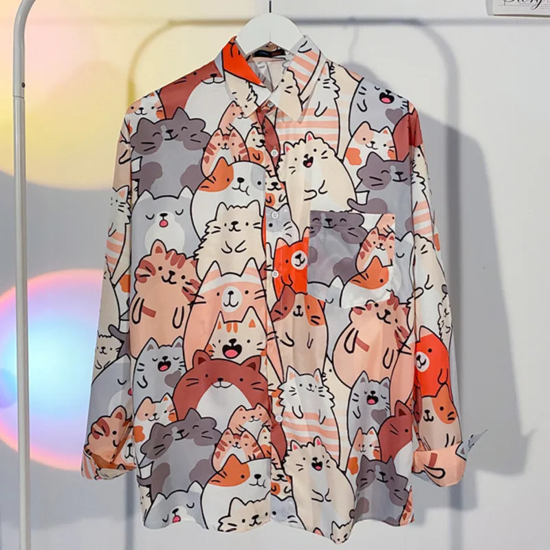 2023 Spring Men Shirt Casual Long Sleeves Shirts Cartoon Cat Full Print Men\'s Blouse Harajuku Clothes Street Fashion Tops