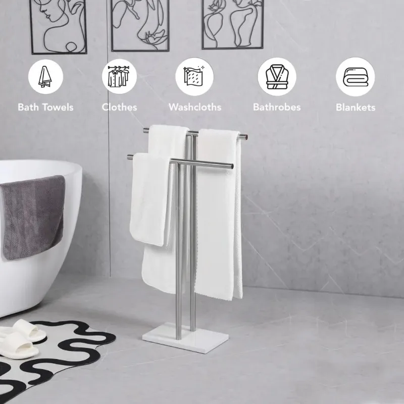 Free Standing Towel Rack for Bathroom - Brushed Nickel Finish - Stand Alone 2 Tier Stainless Steel Towel Rack for Bathroom