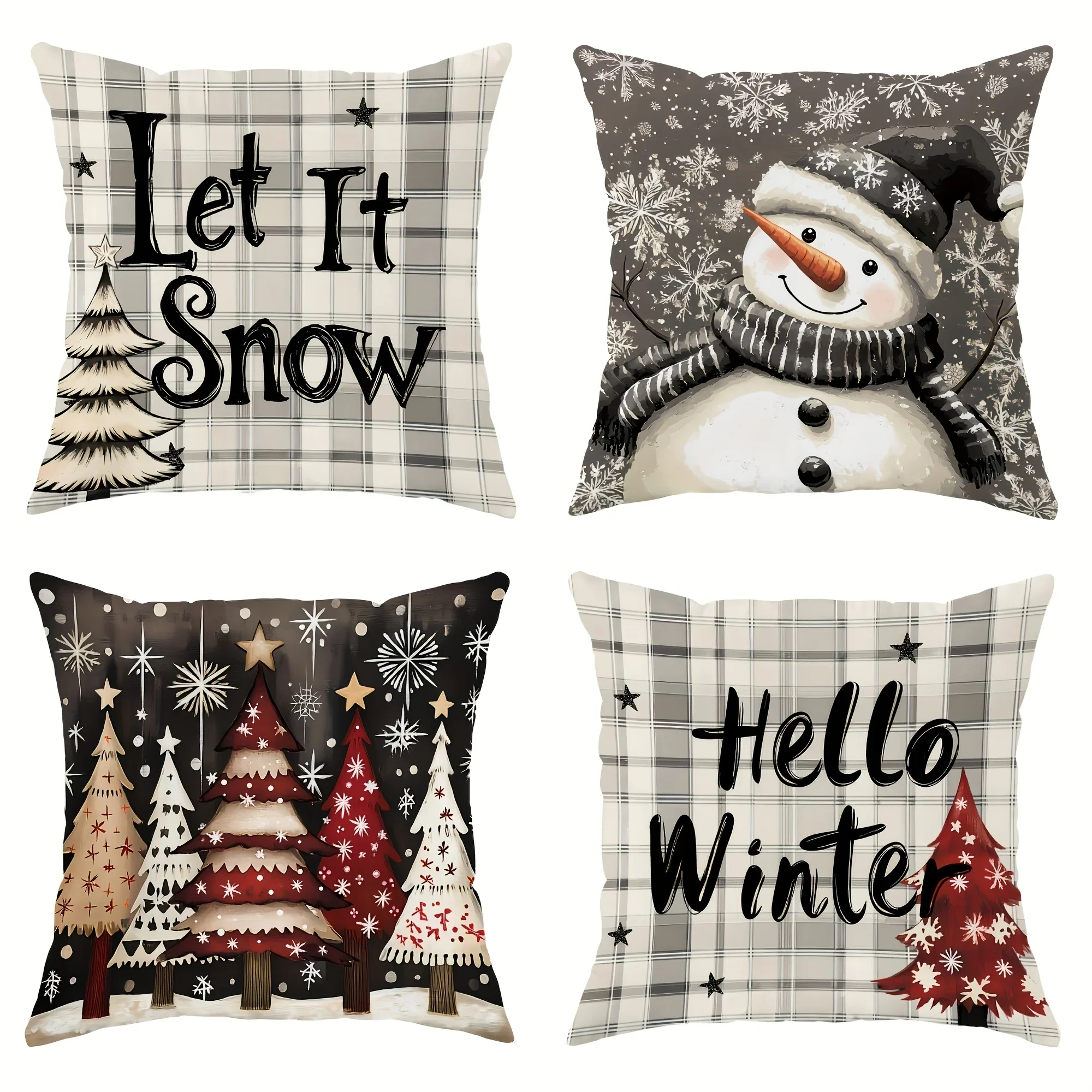 Set Of 4 Farmhouse Winter Christmas Throw Pillow Covers Double Sided Print, Let It Snow Hello Winter Snowman Xmas Tree Buffalo P