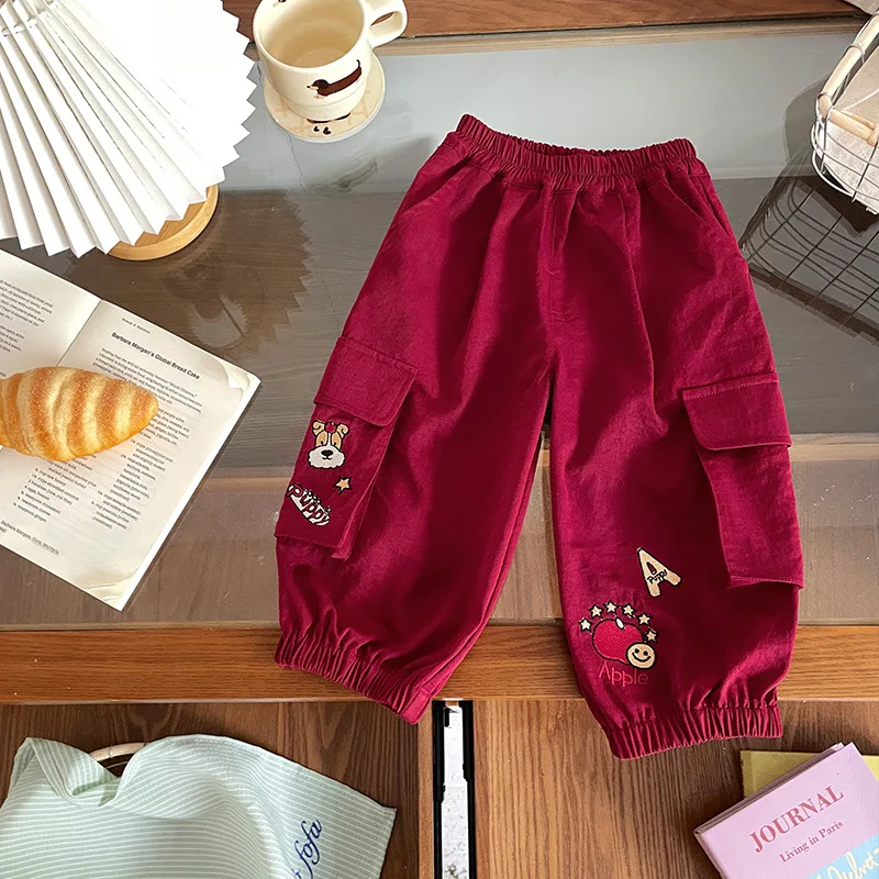 

Kids Baby Girls Pant Cartoon Embroidery Toddler Girls Jogger Pant Spring Newborn Girls Harem Pant Red Little Girls Cargo Pant