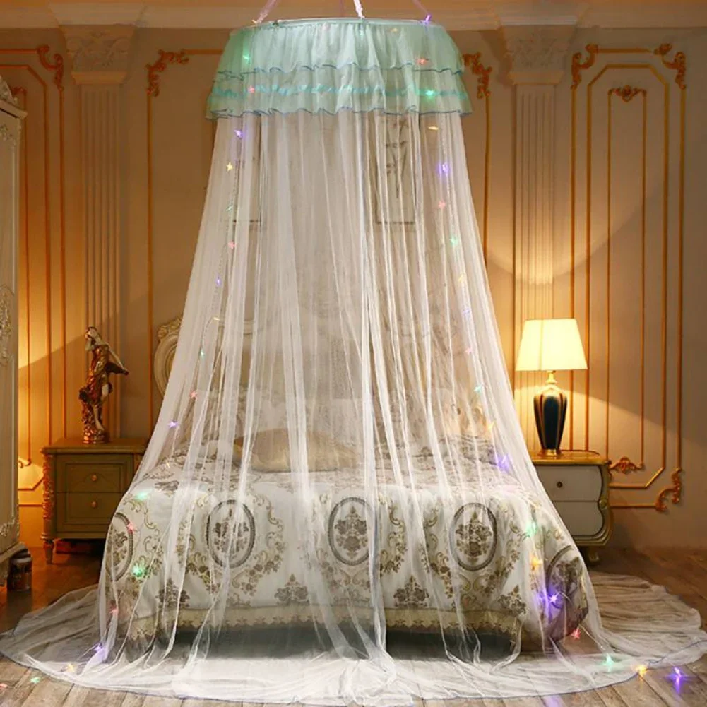 Round Top Mosquito Net Gauze Lace Princess Girl Bed Crown Hanging Type Floor Length Mosquito Net String Lights Optional