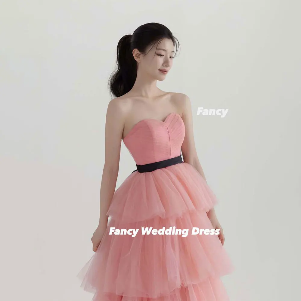 Fancy Princess Peach Pink Wedding Party Engagement Dresses Tiered Ruffles A Line Bridal Gown With Black Shawl Customized