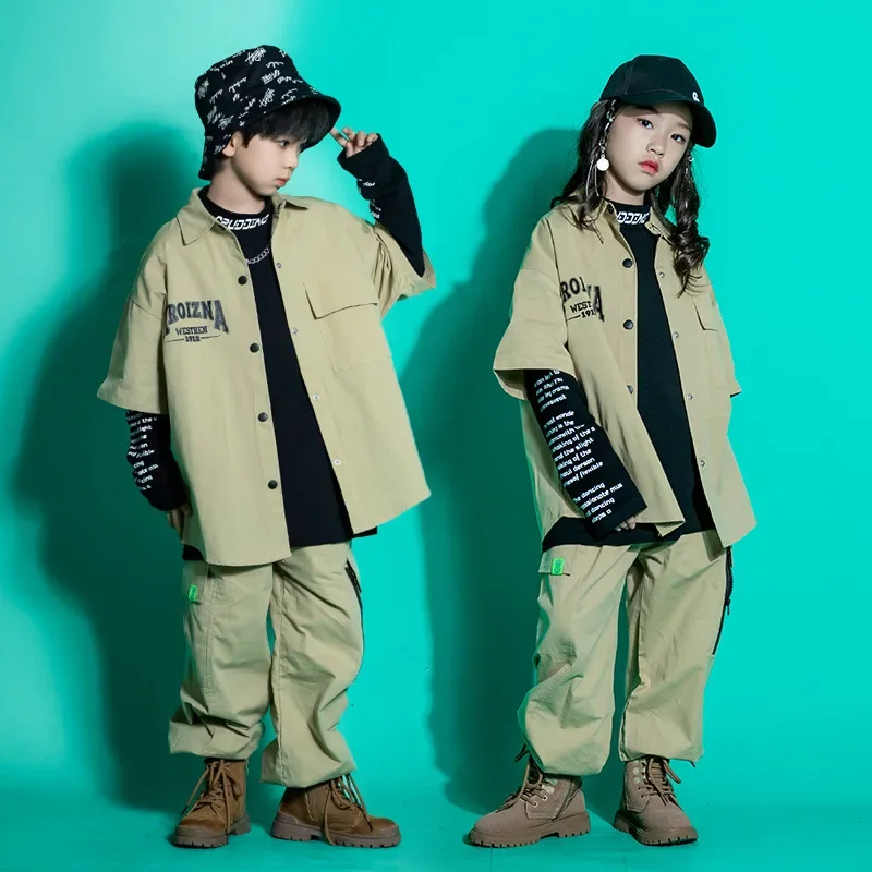 

Детская одежда в стиле хип-хоп, топы цвета хаки, уличная одежда, тактические брюки-карго для бега для девочек и мальчиков, танцевальный костюм, одежда