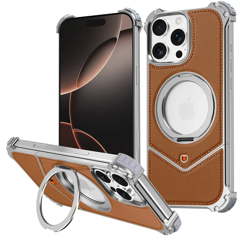 

Leather Magnetic Metal Snap on 360 Holder Case For iphone 14 15 16 Pro Max For Samsung S23 S24 S25 Ultra Wireless Charging Cover