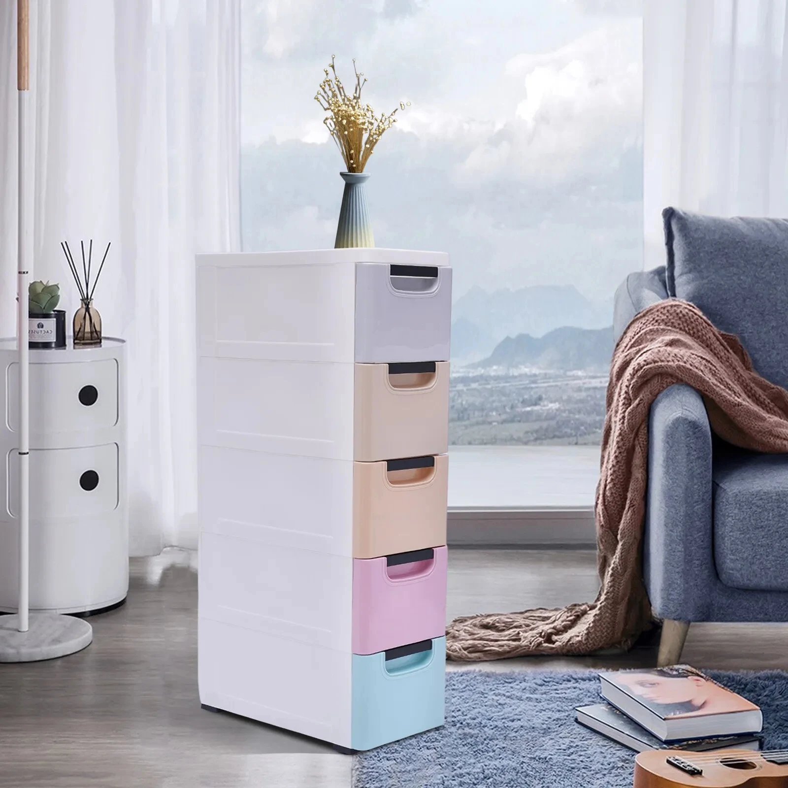 Storage Cabinet 5 Layers 20×40×84cm-Light Mixed Color Stackable Clothes Storage Box Heavy Duty Plastic Storage Cabinet