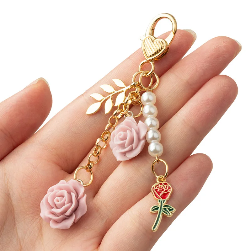 3D Rose Camellia Car Keychain Women Sweet Pearl Tassel Flower Keyring With Metal Leaf Bag Decoration Car Interior Accessories